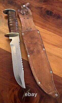 Egw Knife Wood Handle Fighting 6 Inch Blade Leather Sheath Rare Survivor