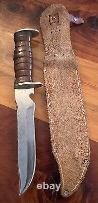 Egw Knife Wood Handle Fighting 6 Inch Blade Leather Sheath Rare Survivor