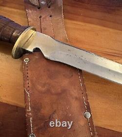 Egw Knife Wood Handle Fighting 6 Inch Blade Leather Sheath Rare Survivor