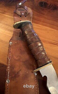 Egw Knife Wood Handle Fighting 6 Inch Blade Leather Sheath Rare Survivor