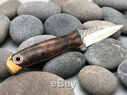 Fiddleback Forge By Andy Roy Burl Wood /Yellow Liner 7.75 Hunting Knife