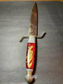 Fixed Blade Knife with Sheath Red Lucite Handle Gold embedded Design 8 RARE VTG