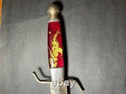 Fixed Blade Knife with Sheath Red Lucite Handle Gold embedded Design 8 RARE VTG