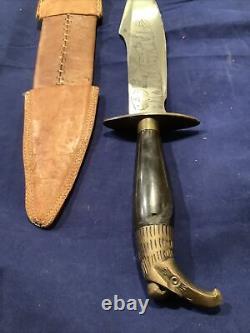 G Bellon Hunting Knife 7-3/8 Engraved Blade Hand Tooled Leather Sheath