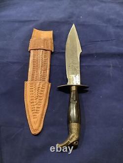 G Bellon Hunting Knife 7-3/8 Engraved Blade Hand Tooled Leather Sheath