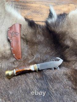 German Bull Guthook Fixed Blade Knife With Stag Handles Mint With Leather Sheath