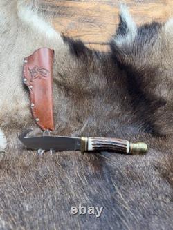 German Bull Guthook Fixed Blade Knife With Stag Handles Mint With Leather Sheath