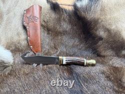 German Bull Guthook Fixed Blade Knife With Stag Handles Mint With Leather Sheath
