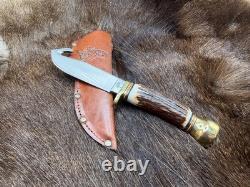 German Bull Guthook Fixed Blade Knife With Stag Handles Mint With Leather Sheath