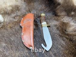 German Bull Guthook Fixed Blade Knife With Stag Handles Mint With Leather Sheath