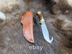 German Bull Guthook Fixed Blade Knife With Stag Handles Mint With Leather Sheath
