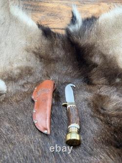German Bull Guthook Fixed Blade Knife With Stag Handles Mint With Leather Sheath