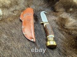 German Bull Guthook Fixed Blade Knife With Stag Handles Mint With Leather Sheath