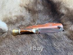 German Bull Guthook Fixed Blade Knife With Stag Handles Mint With Leather Sheath