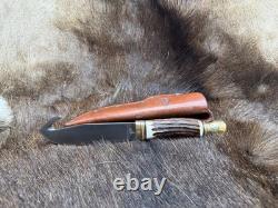 German Bull Guthook Fixed Blade Knife With Stag Handles Mint With Leather Sheath