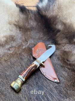 German Bull Guthook Fixed Blade Knife With Stag Handles Mint With Leather Sheath