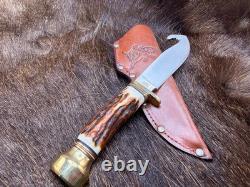 German Bull Guthook Fixed Blade Knife With Stag Handles Mint With Leather Sheath