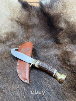 German Bull Guthook Fixed Blade Knife With Stag Handles Mint With Leather Sheath