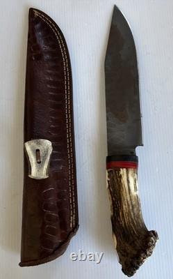 HANDMADE CROWN STAG HANDLE FIXED KNIFE 13 overall With 8 Blade & Sheath