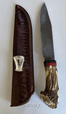 HANDMADE CROWN STAG HANDLE FIXED KNIFE 13 overall With 8 Blade & Sheath