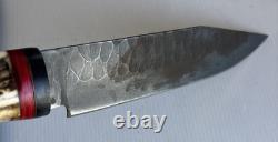 HANDMADE CROWN STAG HANDLE FIXED KNIFE 13 overall With 8 Blade & Sheath