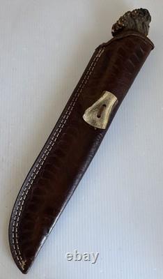 HANDMADE CROWN STAG HANDLE FIXED KNIFE 13 overall With 8 Blade & Sheath