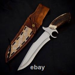 Hand Forged 5160 Spring Steel Finger guard American Ranger Bowie with Stag Handle