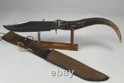 Hand Forged Elk Antler Stag Handle Buffalo Leather Sheath Bowie by Trader Mike