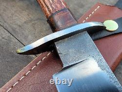 Handmade 5160 Tool Steel Hunting Bowie Knife With Antler Handle & Leather Sheath