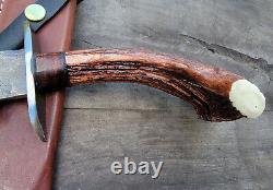 Handmade 5160 Tool Steel Hunting Bowie Knife With Antler Handle & Leather Sheath