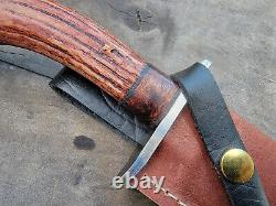 Handmade 5160 Tool Steel Hunting Bowie Knife With Antler Handle & Leather Sheath