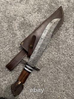 Handmade Damascus Bowie Knife Stag Antler Handle with Leather Sheath