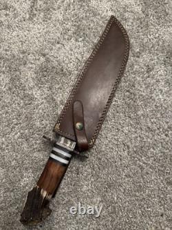Handmade Damascus Bowie Knife Stag Antler Handle with Leather Sheath