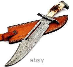 Handmade Damascus Steel Hunting Bowie Knife Stag Horn Handle With Leather Sheath