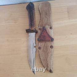Handmade Deer Antler With Wolf Head Hunting/Skinning Knife 7 WithDeer Hide Sheath