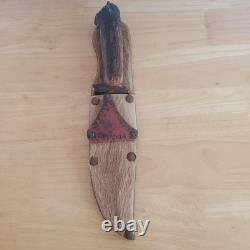 Handmade Deer Antler With Wolf Head Hunting/Skinning Knife 7 WithDeer Hide Sheath
