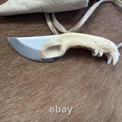 Handmade Drop Point Hunting jaw Bone Handle Steel Blade with Sheath