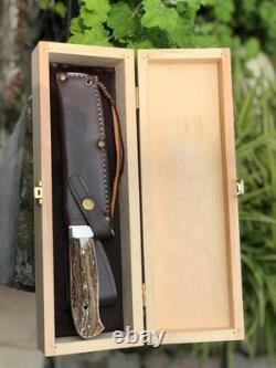 Handmade Knife German Style Fixed Blade Stag Handle Leather Sheath with Box gift