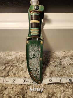 Hubertus Hunter Fixed Blade Knife with Leather Sheath Belt Loops Rare Collect
