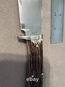 Huge Vintage 1985 Handmade Stag Wolf of Austin Texas Bowie Machete Knife Nice