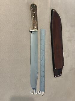 Huge Vintage 1985 Handmade Stag Wolf of Austin Texas Bowie Machete Knife Nice