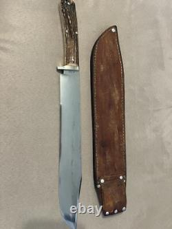 Huge Vintage 1985 Handmade Stag Wolf of Austin Texas Bowie Machete Knife Nice