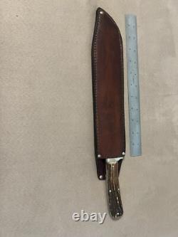 Huge Vintage 1985 Handmade Stag Wolf of Austin Texas Bowie Machete Knife Nice