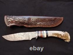 Incredible Jennings custom made hunting knife. Crown Stag. Raindrop Damascus