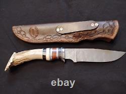 Incredible Jennings custom made hunting knife. Crown Stag. Raindrop Damascus