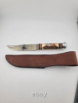 JA Henckels Fixed Blade Hunter Knife with Stag Handles & Bear and Gold Blade Etch