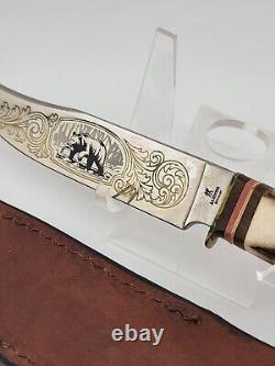 JA Henckels Fixed Blade Hunter Knife with Stag Handles & Bear and Gold Blade Etch