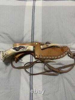 Ken Richardson Custom Handmaid Knife WithCarved Eagle Antler Handle&Leather Sheath