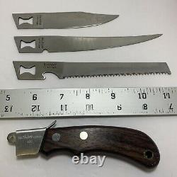 Kershaw By Kai Japan 3 Interchangeable Blades Knife Wooden Handle Leather Sheath