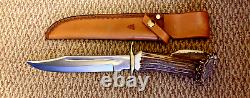 LG Forged Steel Hunting Bowie Knife Crown Stag Antler Handle & Cowhide sheath